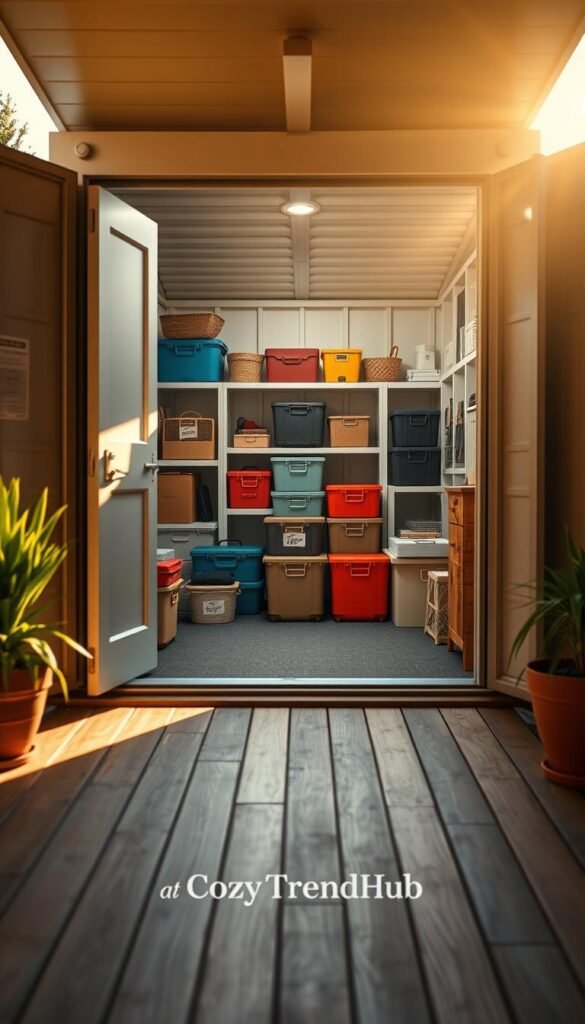 A spacious outdoor storage unit, with the door slightly ajar, revealing neatly organized boxes and household items inside. The foreground features a well-maintained wooden floor, with a few potted plants on either side, enhancing the cozy atmosphere. The middle ground showcases the open storage unit filled with colorful bins, suitcases, and furniture pieces, all in a harmonious arrangement. In the background, a serene suburban neighborhood can be seen, bathed in warm, golden afternoon light that casts soft shadows, creating a welcoming feel. The overall mood is inspirational and practical, embodying the idea of smart storage solutions for homes with limited space. The image should evoke a sense of organization and peace. Capture this scene in a bright, Pinterest-inspired style, branded subtly with "CozyTrendHub" visible on a label.