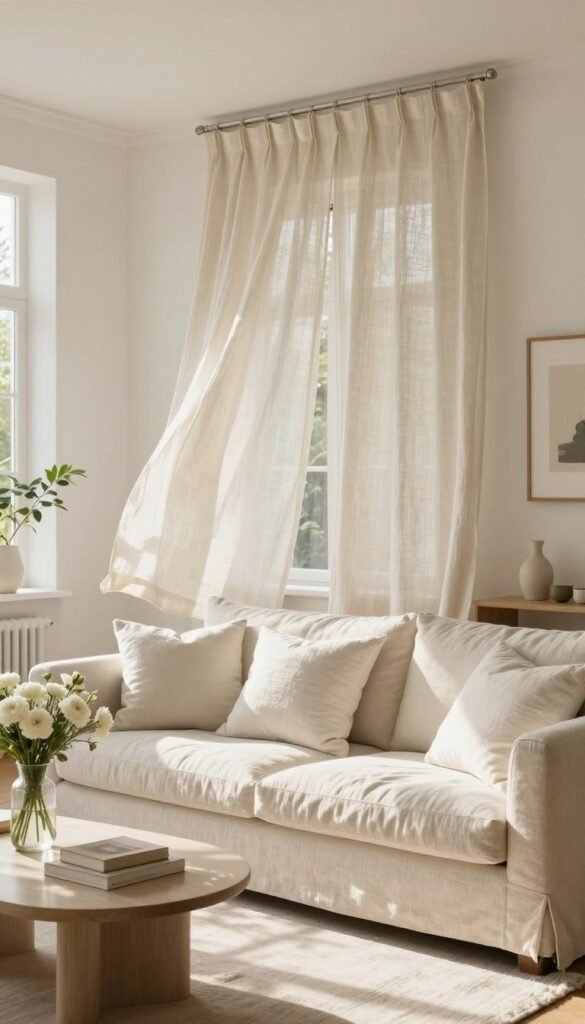 A spacious, sunlit apartment adorned in soft, natural shades, showcasing luxurious linen textures. In the foreground, an elegantly styled living room features a light cream linen sofa topped with fluffy white throw pillows. A small coffee table holds a vase of fresh white flowers and a few neutral-toned books. In the middle, a beautifully draped linen curtain dances gently in the warm breeze from a window, revealing a peaceful view of green foliage outside. The background offers hints of airy decor, such as minimalist art and light wood accents. The overall atmosphere is calm and inviting, radiating a summer vibe. Soft, natural light floods the space, creating warm shadows that enhance the linen's rich textures. This scene embodies a perfect blend of style and comfort, perfectly fitting for a summer decor theme by CozyTrendHub. A spacious, sunlit apartment adorned in soft, natural shades, showcasing luxurious linen textures. In the foreground, an elegantly styled living room features a light cream linen sofa topped with fluffy white throw pillows. A small coffee table holds a vase of fresh white flowers and a few neutral-toned books. In the middle, a beautifully draped linen curtain dances gently in the warm breeze from a window, revealing a peaceful view of green foliage outside. The background offers hints of airy decor, such as minimalist art and light wood accents. The overall atmosphere is calm and inviting, radiating a summer vibe. Soft, natural light floods the space, creating warm shadows that enhance the linen's rich textures. This scene embodies a perfect blend of style and comfort, perfectly fitting for a summer decor theme by CozyTrendHub.