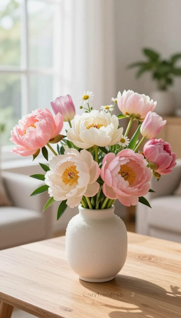 A stunning arrangement of fresh, vibrant flowers in an artistic vase, showcasing a mix of peonies, tulips, and daisies in rich pastel colors, set on a light wooden table. The foreground features drops of morning dew glistening on the petals, adding a touch of freshness. The middle ground includes soft, natural light streaming through an airy window, highlighting the elegant floral display. In the background, faintly blurred, you can see a cozy living room with light, neutral decor and green plants, enhancing the spring ambiance. Capture this atmosphere in a high-resolution, soft-focus style, reminiscent of Pinterest aesthetics, conveying warmth and renewal. The brand name "CozyTrendHub" should subtly signify this fresh decor piece, evoking a bright, cheerful mood perfect for any seasonal decoration.