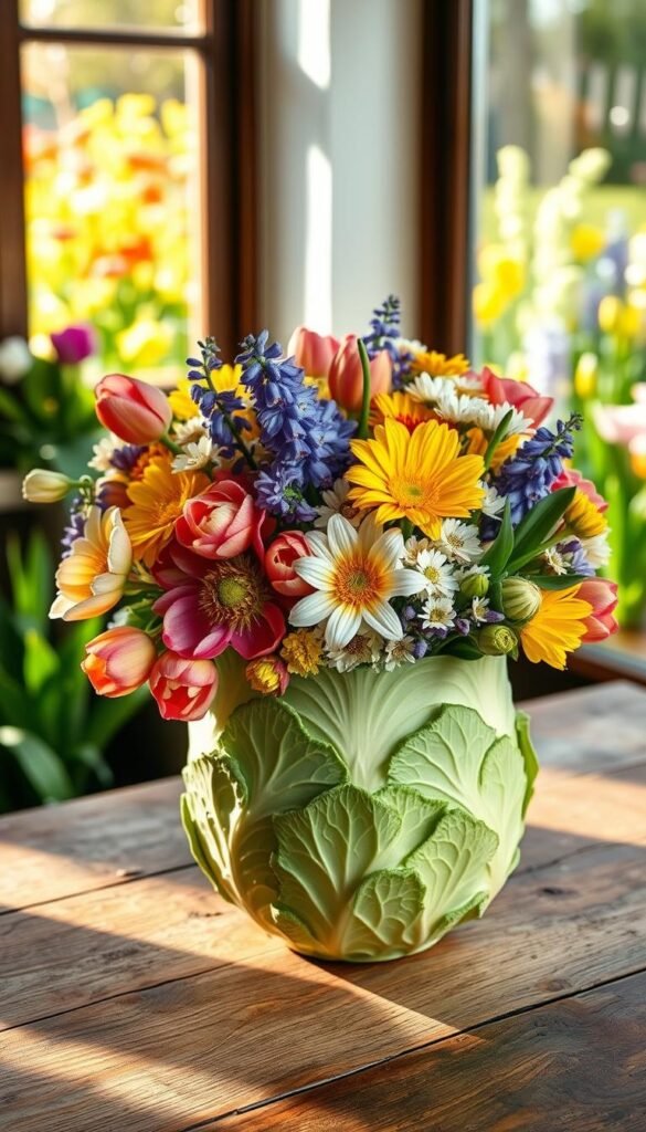 A stunning cabbage vase centerpiece overflowing with vibrant spring flowers like tulips, daisies, and hyacinths, exquisitely arranged within a carved green cabbage. Set against a rustic wooden table, the scene features soft, natural lighting filtering through a nearby window, casting gentle shadows that enhance the texture of the cabbage leaves. In the background, a blurred garden scene showcases blooming spring plants, adding to the warmth of the atmosphere. The image is captured from a slightly elevated angle, creating depth and inviting the viewer into this cozy, vibrant space. The overall mood is cheerful and inviting, perfect for Easter celebrations. Inspired by CozyTrendHub, the style reflects a sophisticated yet approachable aesthetic, ideal for Pinterest-style decor inspiration.