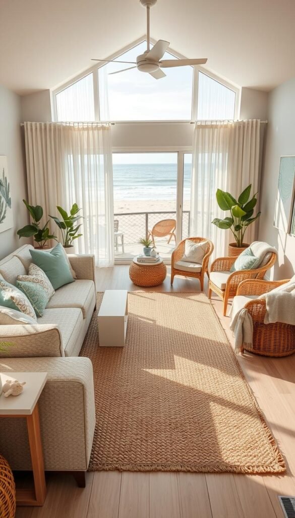 A stunning coastal texture living room, designed for a breezy staycation vibe. In the foreground, a cozy beige sofa adorned with seafoam green and sandy-hued throw pillows, surrounded by textured white and light driftwood accent tables. In the middle, a large woven jute area rug complements rattan side chairs draped with light linen throws. The backdrop features a large window with sheer curtains that gently flutter in the breeze, revealing glimpses of a sunny beach outside. Soft, natural light fills the room, creating a warm, inviting atmosphere. The decor includes coastal artwork, seashells, and potted plants, enhancing the serene ambiance. Capture this scene with a warm, soft focus lens at eye level to evoke a peaceful, summery mood. CozyTrendHub. A stunning coastal texture living room, designed for a breezy staycation vibe. In the foreground, a cozy beige sofa adorned with seafoam green and sandy-hued throw pillows, surrounded by textured white and light driftwood accent tables. In the middle, a large woven jute area rug complements rattan side chairs draped with light linen throws. The backdrop features a large window with sheer curtains that gently flutter in the breeze, revealing glimpses of a sunny beach outside. Soft, natural light fills the room, creating a warm, inviting atmosphere. The decor includes coastal artwork, seashells, and potted plants, enhancing the serene ambiance. Capture this scene with a warm, soft focus lens at eye level to evoke a peaceful, summery mood. CozyTrendHub.