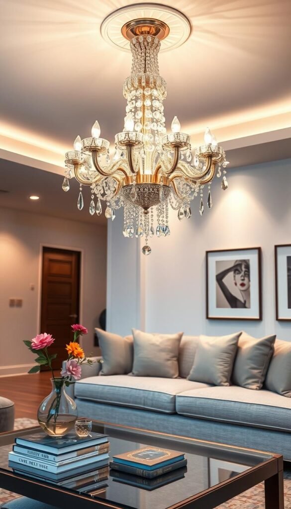 A stunning crystal chandelier elegantly suspended from a beautifully designed ceiling in a modern living room. The chandelier features intricate designs with shimmering crystals that reflect the soft, warm light illuminating the space. In the foreground, a tastefully arranged coffee table with a few decorative books and a stylish vase filled with fresh flowers adds to the cozy atmosphere. The middle ground showcases a plush sofa in soft neutral tones, complemented by chic accent pillows. The background reveals light-colored walls adorned with tasteful artwork, giving the room an airy feel. Utilize soft, diffused lighting for a welcoming ambiance, with a slight depth of field to emphasize the chandelier as the focal point. The overall mood is inviting and elegant, ideal for the brand "CozyTrendHub" lifestyle aesthetics.