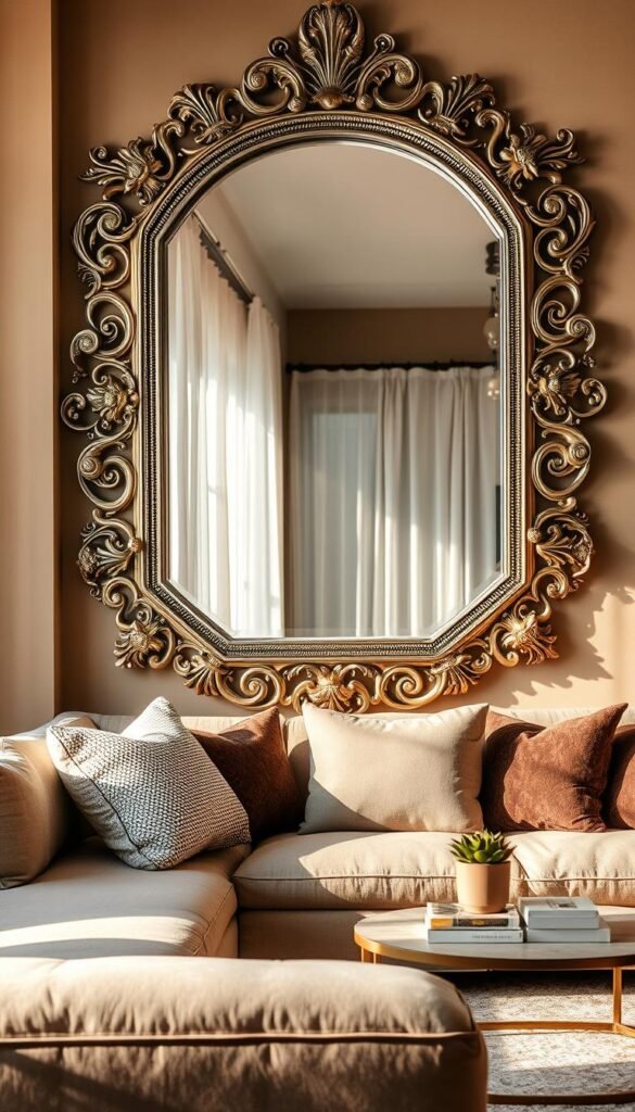 A stunning living room featuring a large, ornate statement mirror as the focal point of the wall decor. The mirror's intricate frame reflects modern elegance with gold and silver accents, while creating a sense of depth against soft, muted earth-toned walls. In the foreground, a cozy, stylish couch adorned with textured cushions blends seamlessly into the space. The middle ground showcases a chic coffee table with decorative books and a small potted plant, adding a touch of greenery. In the background, soft natural light streams through sheer curtains, enhancing the room&rsquo;s airy atmosphere. The scene is composed with a warm, inviting mood, capturing the essence of stylish apartment living. Photographed in a warm afternoon light with a slight angle to emphasize the mirror's reflective quality. CozyTrendHub.