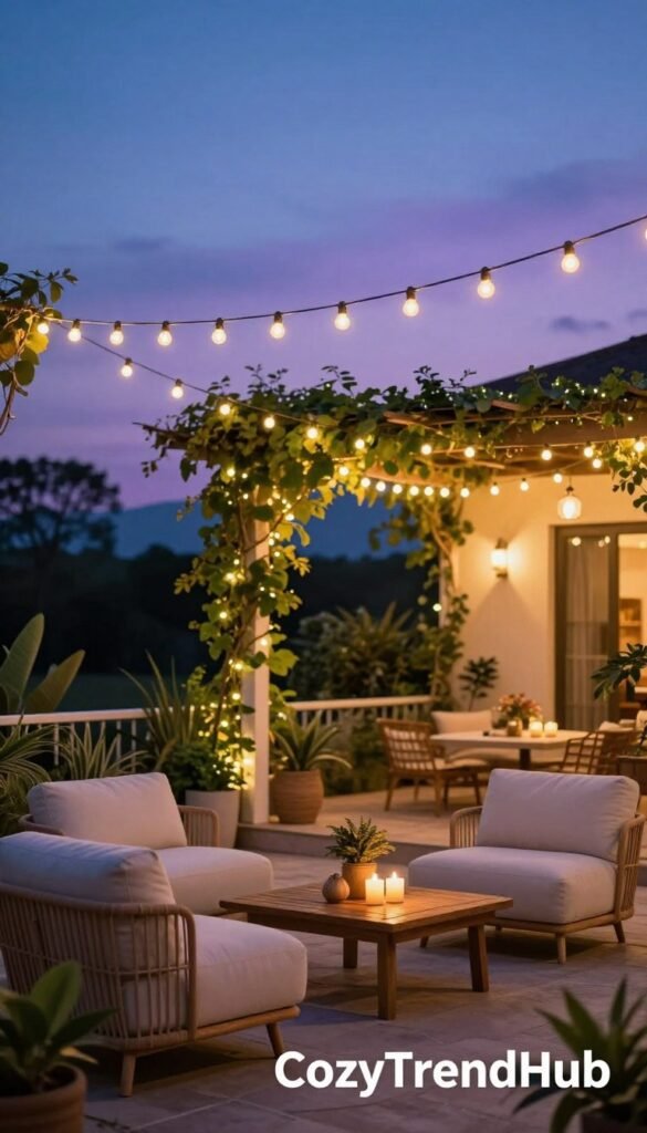 A stunning outdoor setting featuring elegant string lights gracefully draped across a cozy patio adorned with stylish furniture. In the foreground, there are two soft, plush chairs and a low wooden coffee table with a few decorative plants and candles. The mid-ground showcases a beautifully arranged pergola framed with lush green vines, with the string lights casting a warm, inviting glow. The background reveals a serene twilight sky transitioning from deep blue to soft purple, enhancing the enchanting atmosphere. Emphasize the soft-focus lighting effect reminiscent of a dreamlike summer evening. Aim for a Pinterest-style aesthetic, capturing a lifestyle vibe that reflects comfort and elegance, branded with "CozyTrendHub". A stunning outdoor setting featuring elegant string lights gracefully draped across a cozy patio adorned with stylish furniture. In the foreground, there are two soft, plush chairs and a low wooden coffee table with a few decorative plants and candles. The mid-ground showcases a beautifully arranged pergola framed with lush green vines, with the string lights casting a warm, inviting glow. The background reveals a serene twilight sky transitioning from deep blue to soft purple, enhancing the enchanting atmosphere. Emphasize the soft-focus lighting effect reminiscent of a dreamlike summer evening. Aim for a Pinterest-style aesthetic, capturing a lifestyle vibe that reflects comfort and elegance, branded with "CozyTrendHub".