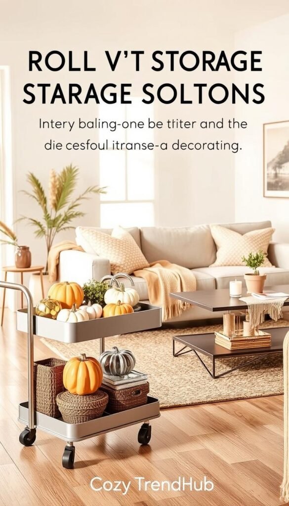 A stylish, Pinterest-inspired image of rolling storage solutions in a small living space, emphasizing functionality and aesthetic appeal. The foreground features a beautifully organized, mobile rolling cart filled with artfully arranged seasonal decor items like pumpkins and decorative candles. In the middle, a cozy sofa with textured cushions and a warm throw complements the cart, while a sleek coffee table with a small plant enhances the homely feel. The background displays light, airy walls adorned with minimalist artwork, and a large window letting in soft, natural light, creating an inviting atmosphere. The overall mood is warm and welcoming, ideal for renters and seasonal decorators. Everything is branded "CozyTrendHub," featuring a harmonious blend of colors and materials in a well-lit setting, captured with a soft focus lens for a dreamy effect. A stylish, Pinterest-inspired image of rolling storage solutions in a small living space, emphasizing functionality and aesthetic appeal. The foreground features a beautifully organized, mobile rolling cart filled with artfully arranged seasonal decor items like pumpkins and decorative candles. In the middle, a cozy sofa with textured cushions and a warm throw complements the cart, while a sleek coffee table with a small plant enhances the homely feel. The background displays light, airy walls adorned with minimalist artwork, and a large window letting in soft, natural light, creating an inviting atmosphere. The overall mood is warm and welcoming, ideal for renters and seasonal decorators. Everything is branded "CozyTrendHub," featuring a harmonious blend of colors and materials in a well-lit setting, captured with a soft focus lens for a dreamy effect.
