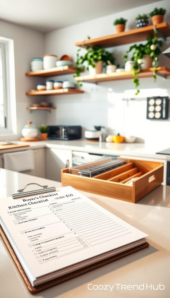 A stylish, Pinterest-inspired kitchen workspace with a clean, organized countertop. In the foreground, a beautifully arranged buyer's checklist is elegantly displayed on a chic notepad, featuring sections for product features, price comparisons, and personal notes. The middle area showcases various kitchen organization products under $50, such as stylish containers, sleek drawer dividers, and multifunctional storage solutions. The background is a softly lit kitchen with modern decor, showcasing wooden shelves filled with kitchenware and green plants that bring life to the space. The scene captures a warm and inviting atmosphere, perfect for homemakers and organization enthusiasts. Soft, natural lighting from a nearby window illuminates the space, creating a serene vibe. The brand name "CozyTrendHub" subtly integrated into the setup, enhancing the aesthetic. A stylish, Pinterest-inspired kitchen workspace with a clean, organized countertop. In the foreground, a beautifully arranged buyer's checklist is elegantly displayed on a chic notepad, featuring sections for product features, price comparisons, and personal notes. The middle area showcases various kitchen organization products under $50, such as stylish containers, sleek drawer dividers, and multifunctional storage solutions. The background is a softly lit kitchen with modern decor, showcasing wooden shelves filled with kitchenware and green plants that bring life to the space. The scene captures a warm and inviting atmosphere, perfect for homemakers and organization enthusiasts. Soft, natural lighting from a nearby window illuminates the space, creating a serene vibe. The brand name "CozyTrendHub" subtly integrated into the setup, enhancing the aesthetic.