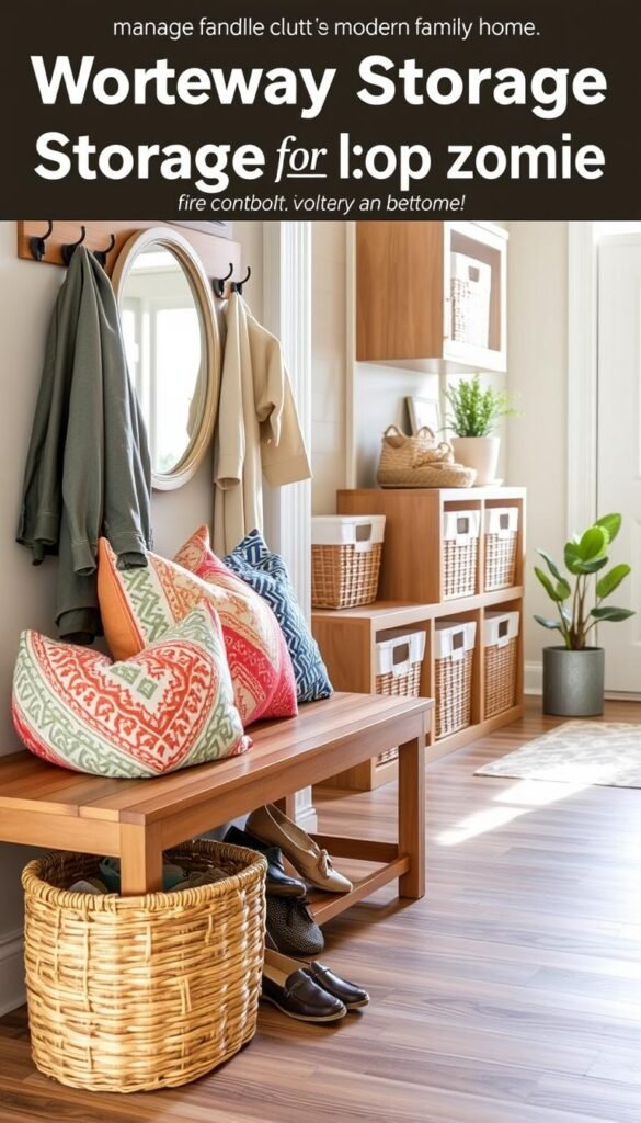 A stylish and functional entryway storage scene featuring a welcoming "drop zone" for busy families. In the foreground, a wooden bench adorned with colorful throw pillows, paired with an inviting woven basket filled with shoes. The middle layer showcases an organized wall unit with hooks for jackets, a stylish mirror, and neatly arranged storage bins, all in soft earth tones. The background reveals a cozy entryway with bright, natural light streaming in through a nearby window, enhancing the warmth of the space. A subtle potted plant adds a touch of greenery. The atmosphere is inviting and practical, perfect for managing clutter in a modern family home. This image should reflect the aesthetic of CozyTrendHub.