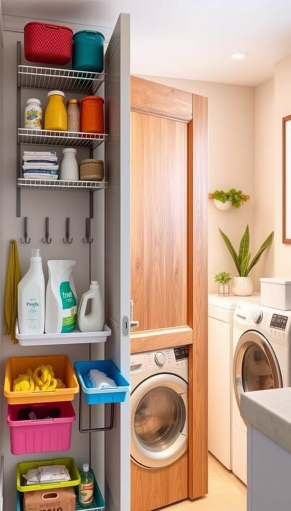 A stylish and functional over-the-door storage solution designed for a laundry room, showcasing an array of neatly organized shelves and hooks. In the foreground, focus on colorful storage bins filled with laundry essentials like detergent and dryer sheets, adding a pop of color. The middle layer features an elegant wooden door framed by soft, warm lighting, accentuating the practicality of the storage. The background presents a soft, neutral-toned laundry room with a washer and dryer, complemented by decorative plants and a calming wall color. The atmosphere is cozy and inviting, embodying modern home decor that aligns with the CozyTrendHub aesthetic. Capture this scene from a slightly elevated angle to enhance depth and perspective. A stylish and functional over-the-door storage solution designed for a laundry room, showcasing an array of neatly organized shelves and hooks. In the foreground, focus on colorful storage bins filled with laundry essentials like detergent and dryer sheets, adding a pop of color. The middle layer features an elegant wooden door framed by soft, warm lighting, accentuating the practicality of the storage. The background presents a soft, neutral-toned laundry room with a washer and dryer, complemented by decorative plants and a calming wall color. The atmosphere is cozy and inviting, embodying modern home decor that aligns with the CozyTrendHub aesthetic. Capture this scene from a slightly elevated angle to enhance depth and perspective.