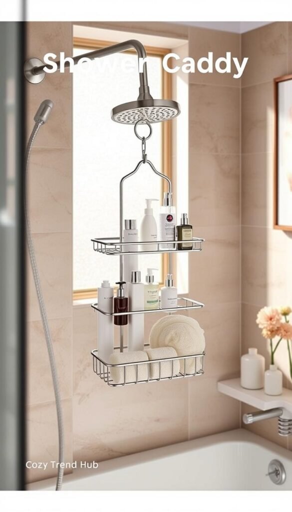 A stylish and functional shower caddy displayed in a modern bathroom setting, showcasing its multiple tiers filled with various personal care products, such as shampoo bottles, soap dispensers, and loofahs. The caddy, designed in a sleek stainless-steel finish, is positioned to hang from a shower head, keeping items organized and off the tub ledge. Soft natural light streams through a frosted glass window, illuminating the scene and creating warm, inviting shadows. In the background, tiled walls and minimalistic decor enhance the contemporary atmosphere. Emphasize a Pinterest-style aesthetic that reflects practical elegance and organization, capturing the essence of CozyTrendHub.