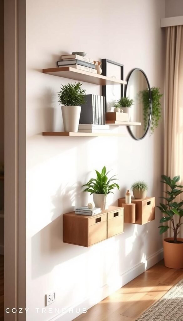 A stylish and functional wall storage solution in a cozy apartment setting, featuring a combination of floating shelves and decorative boxes. In the foreground, a close-up of a beautifully arranged shelf displaying potted plants, books, and small decorative objects, all in soft, muted tones. The middle ground showcases a minimalist wall with the storage solution, emphasizing organization and aesthetics. The background hints at a warm, inviting room with soft natural light streaming through a window, enhancing the tranquil atmosphere. The scene is shot with a slightly elevated angle to capture both the storage and the room's ambiance. The overall mood is chic and cozy, reflecting modern apartment living. Inspired by CozyTrendHub.