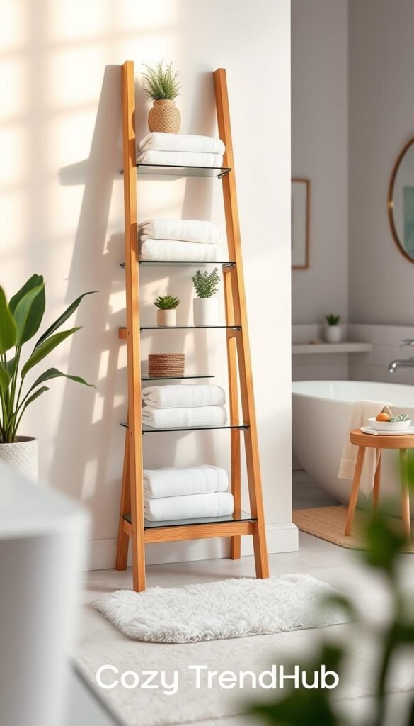 A stylish and inviting freestanding ladder storage unit made of glass and natural wood, filled with neatly arranged towels, decorative plants, and bathroom essentials. The ladder has a sleek, modern design with glass shelves reflecting soft, warm lighting. In the foreground, a cozy, well-decorated bathroom scene showcases the ladder against a light, neutral-colored wall. The middle ground features a plush rug and a chic bath mat, adding to the homely feel. The background softly blurs out with hints of elegant bathroom fixtures like a mirror and minimalist artwork, creating a serene atmosphere. Use a bright, natural lighting setup to highlight the textures. The image should exude a warm, inviting mood, reflective of a Pinterest-style lifestyle photo. Brand emphasis on "CozyTrendHub".