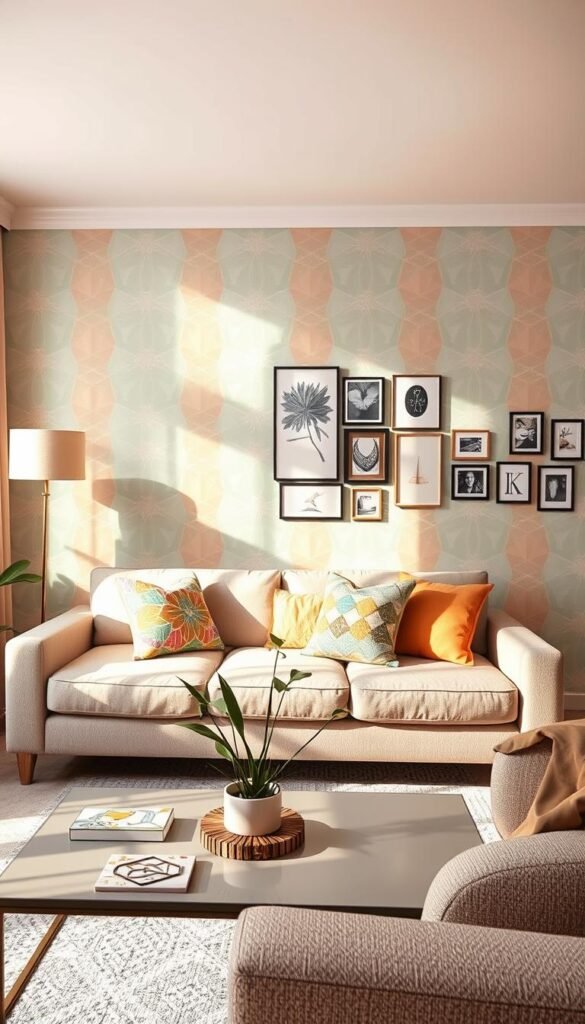 A stylish and inviting interior scene showcasing a vibrant peel-and-stick wallpaper design from CozyTrendHub, featuring a geometric pattern in soft pastels, subtly illuminated by warm, natural light. In the foreground, a cozy living space with a plush, neutral-toned sofa adorned with colorful throw pillows complements the wallpaper. The middle ground reveals a modern coffee table with decorative items like a potted plant and chic coasters, emphasizing an aesthetic yet practical decor. In the background, a tastefully curated gallery wall, with various small art pieces, adds visual interest. The overall mood is tranquil and stylish, perfect for a contemporary aesthetic, evoking comfort and decorative ingenuity without risking a rental deposit. A stylish and inviting interior scene showcasing a vibrant peel-and-stick wallpaper design from CozyTrendHub, featuring a geometric pattern in soft pastels, subtly illuminated by warm, natural light. In the foreground, a cozy living space with a plush, neutral-toned sofa adorned with colorful throw pillows complements the wallpaper. The middle ground reveals a modern coffee table with decorative items like a potted plant and chic coasters, emphasizing an aesthetic yet practical decor. In the background, a tastefully curated gallery wall, with various small art pieces, adds visual interest. The overall mood is tranquil and stylish, perfect for a contemporary aesthetic, evoking comfort and decorative ingenuity without risking a rental deposit.