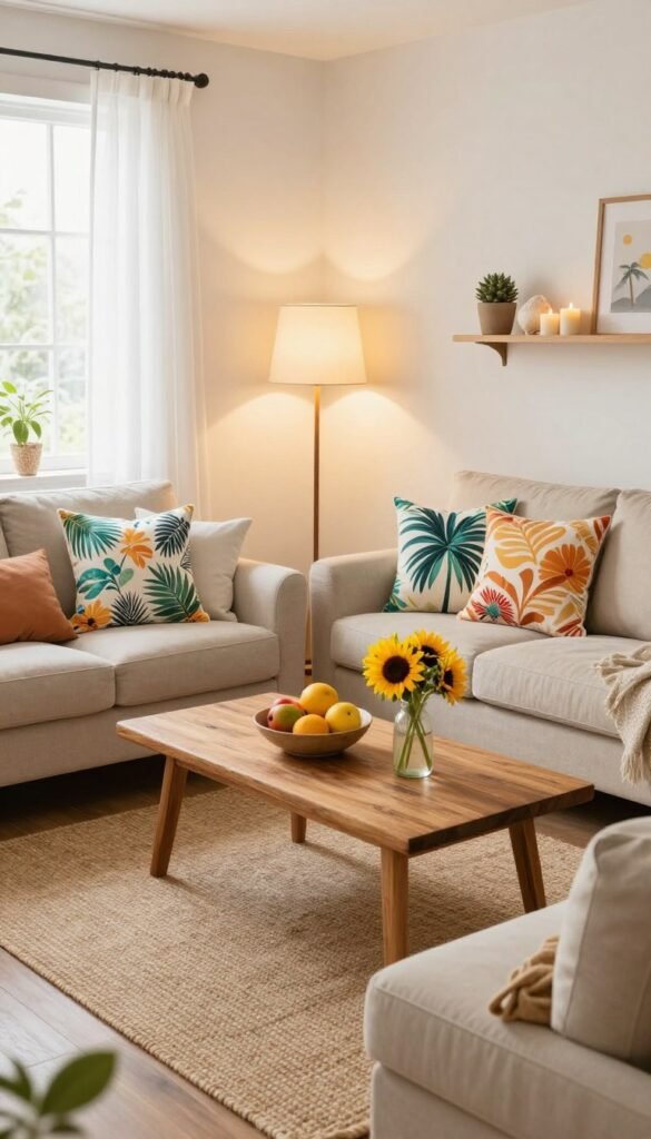 A stylish and inviting living room designed for summer, featuring a small yet cozy layout. In the foreground, a soft, light beige sofa adorned with vibrant, tropical-patterned throw pillows. A sleek, coffee table made of reclaimed wood sits in the center, topped with a bowl of fresh fruit and a small vase of sunflowers. In the middle, a woven area rug adds warmth, while a floor lamp with a warm, ambient glow creates a relaxing atmosphere. A shelf lined with summer-themed decor, such as seashells and candles, complements the space. In the background, a window draped with sheer white curtains lets in natural light, illuminating the room. The overall mood is cheerful and refreshing, evoking a sense of summer bliss. Ideal for a Pinterest-style lifestyle photo from CozyTrendHub. A stylish and inviting living room designed for summer, featuring a small yet cozy layout. In the foreground, a soft, light beige sofa adorned with vibrant, tropical-patterned throw pillows. A sleek, coffee table made of reclaimed wood sits in the center, topped with a bowl of fresh fruit and a small vase of sunflowers. In the middle, a woven area rug adds warmth, while a floor lamp with a warm, ambient glow creates a relaxing atmosphere. A shelf lined with summer-themed decor, such as seashells and candles, complements the space. In the background, a window draped with sheer white curtains lets in natural light, illuminating the room. The overall mood is cheerful and refreshing, evoking a sense of summer bliss. Ideal for a Pinterest-style lifestyle photo from CozyTrendHub.