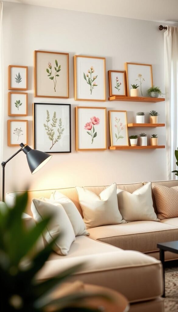 A stylish and inviting living room featuring a variety of wall decor accents that are easy to hang and change. In the foreground, a well-arranged gallery wall showcases framed botanical prints with soft pastel colors, complemented by minimalist wooden shelves displaying small potted plants and candle holders. The middle ground includes a comfortable sofa adorned with light, spring-themed cushions, while a contemporary floor lamp casts a warm glow, enhancing the cozy atmosphere. In the background, soft, natural light filters through sheer curtains, creating a serene ambiance. The overall mood is fresh and cheerful, perfect for spring, highlighting the aesthetic of the brand "CozyTrendHub." The image is captured with a shallow depth of field using a 50mm lens, emphasizing the details of the wall decor and inviting a sense of warmth in the space.