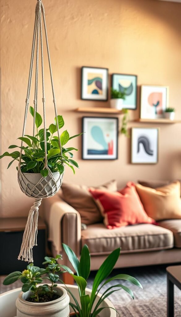 A stylish and inviting small living room showcasing renter-friendly wall decor that won&rsquo;t damage paint, featuring removable adhesive wall art and lightweight shelves. In the foreground, an elegant arrangement of hanging macram&eacute; planters with lush green plants, paired with colorful framed prints of abstract art. The middle ground displays a cozy, neatly arranged sofa adorned with decorative throw pillows in soft pastel colors. In the background, a subtle textured wall painted in a warm neutral tone complements the decor. The lighting is soft and warm, creating a comfortable atmosphere. Shot with a 35mm lens to capture depth, focusing on the decor elements while creating a spacious feel. This image embodies a trendy, Pinterest-inspired aesthetic perfect for small spaces. Brand: CozyTrendHub.