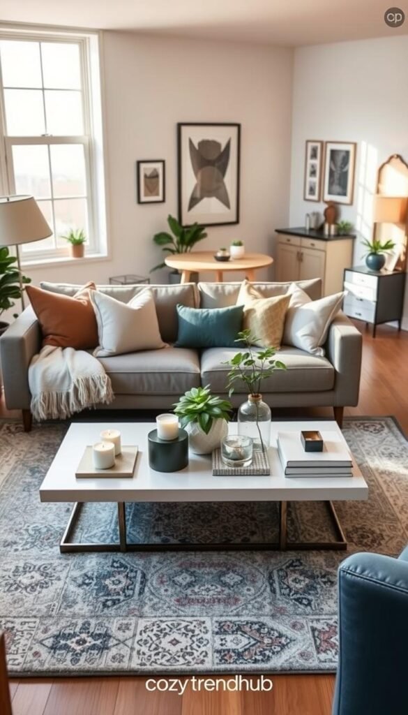 A stylish and inviting small living space, showcasing a side-by-side comparison of budget and premium decor pieces. In the foreground, a cozy couch adorned with a mixture of affordable throw pillows alongside a high-end designer rug. The middle ground features a sleek coffee table, one side displaying budget-friendly decor items like candles and plants, while the other side boasts elegant, premium accessories. In the background, a well-lit room with warm, natural light streaming through large windows, highlighting wall art and clever storage solutions. The atmosphere is sophisticated yet approachable, perfect for renters looking for quick and chic upgrades. Capture this inviting scene in a bright and airy Pinterest-style lifestyle photo, emphasizing the brand name "CozyTrendHub." A stylish and inviting small living space, showcasing a side-by-side comparison of budget and premium decor pieces. In the foreground, a cozy couch adorned with a mixture of affordable throw pillows alongside a high-end designer rug. The middle ground features a sleek coffee table, one side displaying budget-friendly decor items like candles and plants, while the other side boasts elegant, premium accessories. In the background, a well-lit room with warm, natural light streaming through large windows, highlighting wall art and clever storage solutions. The atmosphere is sophisticated yet approachable, perfect for renters looking for quick and chic upgrades. Capture this inviting scene in a bright and airy Pinterest-style lifestyle photo, emphasizing the brand name "CozyTrendHub."