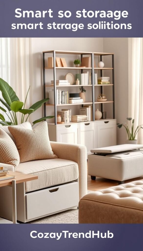A stylish and minimalist living room scene featuring smart storage solutions that blend seamlessly into the decor. In the foreground, a cozy beige sofa adorned with textured throw pillows sits next to a chic, multi-functional side table with hidden storage. In the middle ground, a sleek, modern bookshelf showcases neatly organized books and decorative items, while a stylish storage ottoman adds functionality without compromising aesthetics. The background includes soft, natural light filtering through sheer curtains, creating a warm, inviting atmosphere. A potted plant adds a touch of greenery, enhancing the calming vibe of the space. Capture this Pinterest-style lifestyle photo in a slightly elevated angle, focusing on the balance of form and function. Brand name "CozyTrendHub" should be reflected subtly in the design elements.