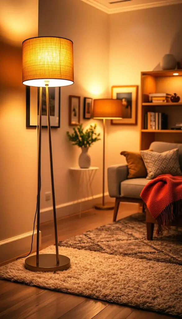 A stylish and modern floor lamp stands elegantly in the corner of a cozy living room. The foreground features the lamp with a warm, ambient light radiating from its soft fabric shade, creating a welcoming glow. In the middle, a plush, textured rug lies beneath the lamp, accompanied by a comfortable armchair adorned with decorative cushions. The background showcases tastefully arranged wall art and a cozy bookshelf, adding personality to the space. The lighting is soft and inviting, simulating the golden hour, enhancing the lounge-ready atmosphere. The scene is captured from a slightly elevated angle, emphasizing the depth of the room while highlighting the floor lamp as the focal point. This image embodies a warm, relaxing vibe perfect for creating an inviting ambiance, brought to life by CozyTrendHub.