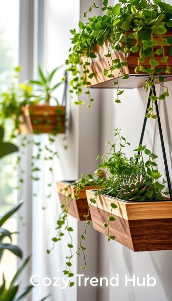 A stylish and modern interior featuring wall-mounted planters filled with lush greenery. In the foreground, there are elegantly designed planters made of natural wood and metal, showcasing a mix of trailing vines and vibrant succulents. The middle ground displays a sleek, minimalist wall bracket holding the plants, which creates a sense of depth and dimension. In the background, soft, diffused natural light filters through a nearby window, illuminating the room and enhancing the organic colors of the plants. The atmosphere is serene and inviting, reflecting a cozy yet chic living space. The image should evoke a sense of tranquility and inspiration for small-space decor ideas. Emphasize a Pinterest-style aesthetic ideal for home decor enthusiasts, branding it with "CozyTrendHub".