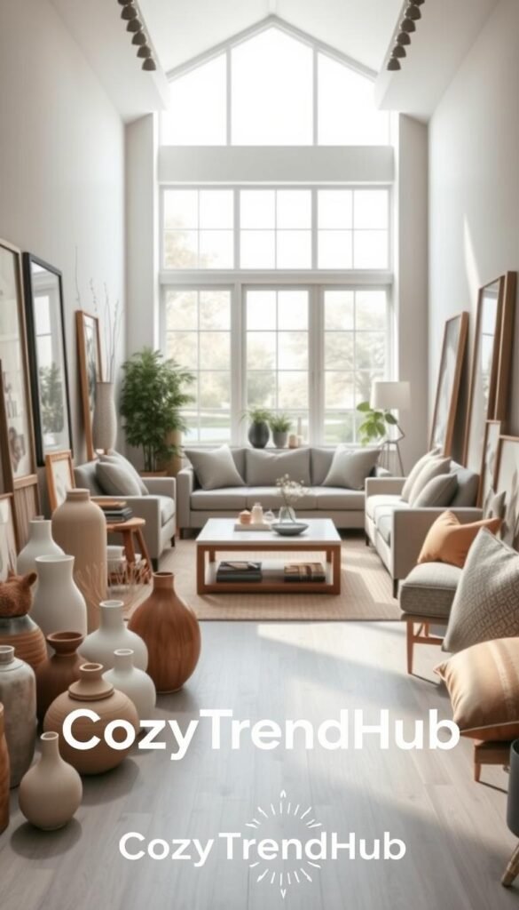 A stylish and modern long narrow room, showcasing various decor options displayed against a neutral backdrop. In the foreground, a selection of decorative items like vases, picture frames, and cushions made from different materials such as ceramic, wood, and fabric, emphasizing their textures and dimensions. The middle ground features a sleek sofa paired with a minimalist coffee table, highlighting harmonious proportions. In the background, large windows allow soft, natural light to flood the space, enhancing the cozy atmosphere. The scene captures a Pinterest-inspired aesthetic, focusing on organization and comparison of the decor elements in a well-lit, inviting environment. The branding "CozyTrendHub" subtly incorporated into the scene, creating a lifestyle image that resonates with home decor enthusiasts. A stylish and modern long narrow room, showcasing various decor options displayed against a neutral backdrop. In the foreground, a selection of decorative items like vases, picture frames, and cushions made from different materials such as ceramic, wood, and fabric, emphasizing their textures and dimensions. The middle ground features a sleek sofa paired with a minimalist coffee table, highlighting harmonious proportions. In the background, large windows allow soft, natural light to flood the space, enhancing the cozy atmosphere. The scene captures a Pinterest-inspired aesthetic, focusing on organization and comparison of the decor elements in a well-lit, inviting environment. The branding "CozyTrendHub" subtly incorporated into the scene, creating a lifestyle image that resonates with home decor enthusiasts.