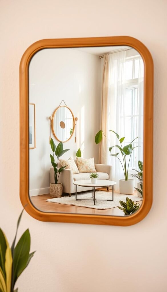 A stylish and modern mirror reflecting a small, elegantly decorated room, featuring a cozy ambiance. In the foreground, the mirror has a decorative wooden frame with a natural finish, positioned against a lightly textured wall painted in soft white hues. The middle section presents a beautifully arranged living space with a small, plush sofa adorned with pastel pillows, a minimalistic coffee table, and a few vibrant indoor plants that add life. In the background, warm, natural light filters in through a window draped with sheer curtains, enhancing the spacious feel of the room. The scene conveys an inviting and airy atmosphere, ideal for a Pinterest-style lifestyle photo showcasing home decor for renters. This image reflects the essence of CozyTrendHub&rsquo;s aesthetic, emphasizing style without damage.