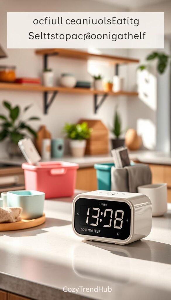 A stylish and modern one-minute reset counter displayed on a kitchen countertop, made of sleek, white ceramic with a large, easy-to-read timer face. In the foreground, a set of tidy everyday products, such as colorful storage bins and minimalist organizers, neatly arranged beside the counter, embodying an organized lifestyle. In the middle, soft morning light streams through a window, casting gentle shadows and enhancing the ambiance of the scene. The background features a warm, inviting kitchen with wooden shelves and plants, creating a harmonious and tranquil atmosphere. Overall, the image captures the concept of setting up a daily tidy process effortlessly, styled in a Pinterest-worthy manner that reflects CozyTrendHub's aesthetic. A stylish and modern one-minute reset counter displayed on a kitchen countertop, made of sleek, white ceramic with a large, easy-to-read timer face. In the foreground, a set of tidy everyday products, such as colorful storage bins and minimalist organizers, neatly arranged beside the counter, embodying an organized lifestyle. In the middle, soft morning light streams through a window, casting gentle shadows and enhancing the ambiance of the scene. The background features a warm, inviting kitchen with wooden shelves and plants, creating a harmonious and tranquil atmosphere. Overall, the image captures the concept of setting up a daily tidy process effortlessly, styled in a Pinterest-worthy manner that reflects CozyTrendHub's aesthetic.