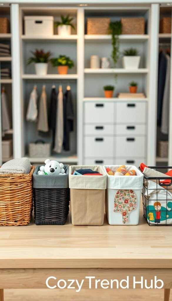 A stylish and organized comparison of various storage bins arranged on a light wooden table, showcasing five distinct styles side by side. The bins should vary in materials such as wicker, fabric, plastic, and metal, each filled tastefully with neatly folded items like blankets, toys, and craft supplies. In the background, a softly lit modern closet with neatly arranged shelves and a hint of greenery from potted plants creates a serene atmosphere. The lighting should be warm and inviting, emphasizing the textures of the bins, with a shallow depth of field focusing primarily on the storage bins. The overall mood should convey a sense of order and functionality, reminiscent of a Pinterest lifestyle photo. Include the brand name "CozyTrendHub" subtly integrated into the scene without text overlays, maintaining a clean aesthetic. A stylish and organized comparison of various storage bins arranged on a light wooden table, showcasing five distinct styles side by side. The bins should vary in materials such as wicker, fabric, plastic, and metal, each filled tastefully with neatly folded items like blankets, toys, and craft supplies. In the background, a softly lit modern closet with neatly arranged shelves and a hint of greenery from potted plants creates a serene atmosphere. The lighting should be warm and inviting, emphasizing the textures of the bins, with a shallow depth of field focusing primarily on the storage bins. The overall mood should convey a sense of order and functionality, reminiscent of a Pinterest lifestyle photo. Include the brand name "CozyTrendHub" subtly integrated into the scene without text overlays, maintaining a clean aesthetic.