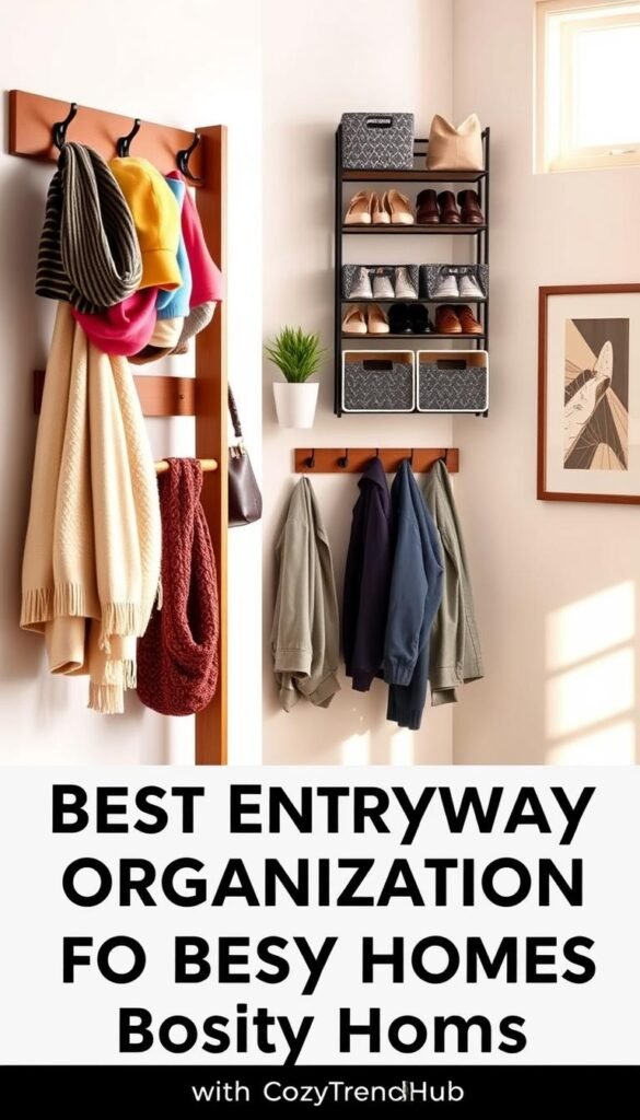 A stylish and organized entryway scene featuring a variety of wall organizers and racks. In the foreground, showcase a wooden entryway rack adorned with neatly hung jackets, a cozy scarf, and colorful hats. The middle layer presents a wall-mounted shoe organizer filled with neatly arranged shoes, complemented by decorative storage bins. In the background, softly lit by warm, natural light filtering through a nearby window, is a small potted plant and a framed artwork that exudes a welcoming atmosphere. The flooring reflects a chic, modern look with a patterned rug. This Pinterest-inspired lifestyle setup embodies the essence of "Best Entryway Organization for Busy Homes," with the signature style of CozyTrendHub. A stylish and organized entryway scene featuring a variety of wall organizers and racks. In the foreground, showcase a wooden entryway rack adorned with neatly hung jackets, a cozy scarf, and colorful hats. The middle layer presents a wall-mounted shoe organizer filled with neatly arranged shoes, complemented by decorative storage bins. In the background, softly lit by warm, natural light filtering through a nearby window, is a small potted plant and a framed artwork that exudes a welcoming atmosphere. The flooring reflects a chic, modern look with a patterned rug. This Pinterest-inspired lifestyle setup embodies the essence of "Best Entryway Organization for Busy Homes," with the signature style of CozyTrendHub.