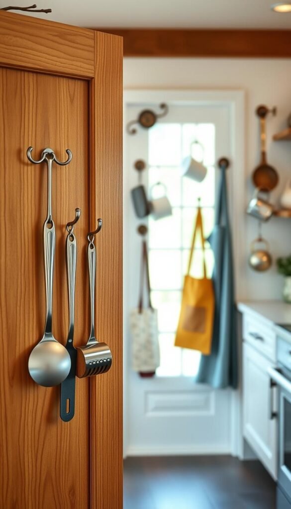 A stylish and organized kitchen with a focus on cabinet-door and wall hooks that exemplify smart storage solutions. In the foreground, a set of elegant, metallic hooks is mounted on a wooden cabinet door, displaying kitchen tools like spatulas and measuring cups, each aligned neatly for easy access. In the middle, various decorative wall hooks, in different designs and finishes, showcase hanging mugs and aprons, creating a functional yet aesthetic appeal. The background features a soft-focus of a bright, welcoming kitchen with warm, natural light streaming in, enhancing the cozy atmosphere. Shot from a slight angle with a shallow depth of field to create a Pinterest-style lifestyle ambiance. Perfect for illustrating modern home organization ideas by CozyTrendHub. A stylish and organized kitchen with a focus on cabinet-door and wall hooks that exemplify smart storage solutions. In the foreground, a set of elegant, metallic hooks is mounted on a wooden cabinet door, displaying kitchen tools like spatulas and measuring cups, each aligned neatly for easy access. In the middle, various decorative wall hooks, in different designs and finishes, showcase hanging mugs and aprons, creating a functional yet aesthetic appeal. The background features a soft-focus of a bright, welcoming kitchen with warm, natural light streaming in, enhancing the cozy atmosphere. Shot from a slight angle with a shallow depth of field to create a Pinterest-style lifestyle ambiance. Perfect for illustrating modern home organization ideas by CozyTrendHub.