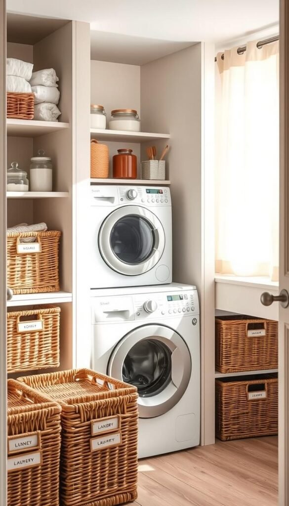 A stylish and organized laundry storage solution designed for small spaces, showcasing a compact yet efficient setup. The foreground features neatly arranged wicker baskets labeled for sorting laundry, with a slim shelving unit displaying decorative storage jars and essential tools such as a folding drying rack. In the middle ground, a compact washer and dryer combo is seamlessly integrated into a clean, minimalist cabinetry design with soft pastel colors. The background reveals a bright window with sheer curtains, allowing warm, natural light to fill the space, creating an inviting atmosphere. The overall mood is calm and serene, reflecting an organized, clutter-free environment ideal for modern living. The image should embody the essence of CozyTrendHub's aesthetic, showcasing practical yet stylish solutions for home decor.