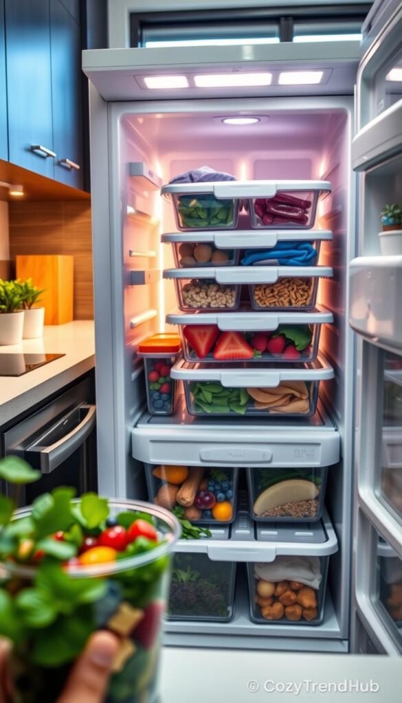 A stylish and organized small freezer in a modern kitchen setting, featuring neatly stacked containers filled with frozen fruits, vegetables, prepared meals, and ice packs. In the foreground, a clear container of colorful berries and vibrant greens is prominently displayed, showcasing freshness. The middle ground includes neatly labeled bins for easy access, while the background reveals a well-lit kitchen with warm, natural lighting, highlighting wooden accents and sleek appliances. A cozy ambiance is achieved with soft shadows and a hint of greenery from potted herbs on the counter. This image should exude a sense of practicality and efficiency, perfect for maximizing space in tight rentals. Include branding elements from "CozyTrendHub" subtly in the ambiance.
