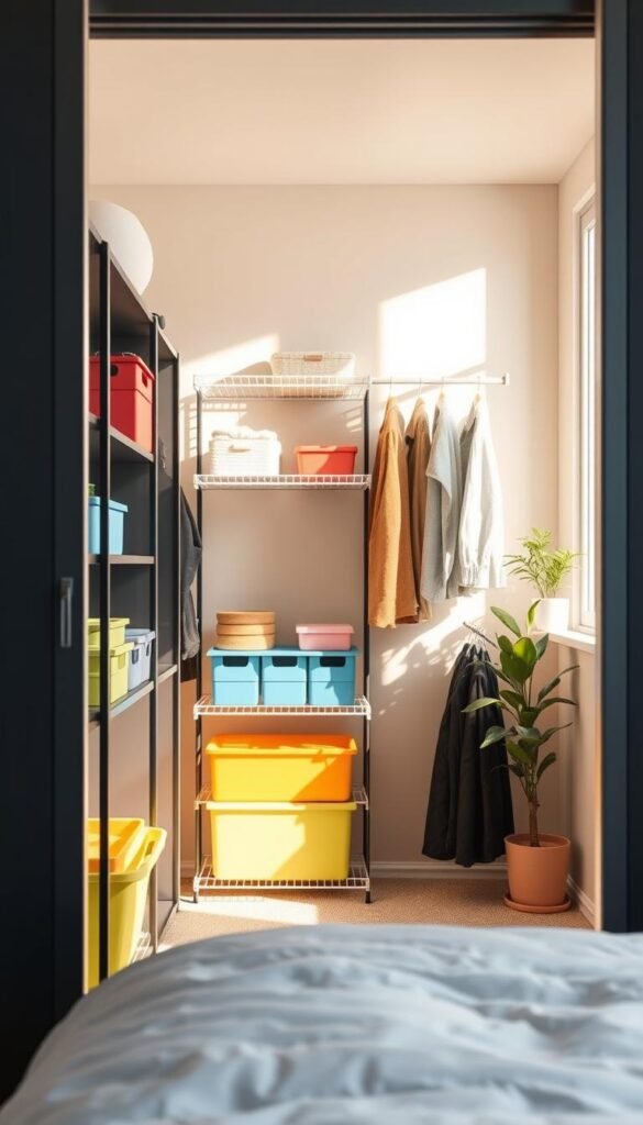 A stylish apartment closet featuring the Brightroom Wire Closet System by CozyTrendHub, showcasing organized shelves, hanging rods, and contemporary storage solutions. The foreground includes neatly arranged colorful storage bins and accessories, while the middle displays the wire system in a well-lit, compact space, highlighting its functionality. The background features a neutral-toned wall and a small potted plant, adding a touch of warmth. Soft, natural light pours in from a nearby window, casting gentle shadows and illuminating the closet's contents. The overall atmosphere conveys a sense of efficiency and modern living, exemplifying perfect storage solutions for apartments and temporary spaces. A stylish apartment closet featuring the Brightroom Wire Closet System by CozyTrendHub, showcasing organized shelves, hanging rods, and contemporary storage solutions. The foreground includes neatly arranged colorful storage bins and accessories, while the middle displays the wire system in a well-lit, compact space, highlighting its functionality. The background features a neutral-toned wall and a small potted plant, adding a touch of warmth. Soft, natural light pours in from a nearby window, casting gentle shadows and illuminating the closet's contents. The overall atmosphere conveys a sense of efficiency and modern living, exemplifying perfect storage solutions for apartments and temporary spaces.
