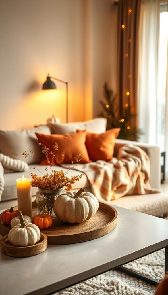 A stylish apartment interior showcasing seasonal cozy decor swaps that evoke warmth and charm. In the foreground, a well-styled coffee table adorned with cozy autumnal accessories like small pumpkins, soft candlelight, and a chunky knit throw. In the middle, a plush sofa layered with seasonal cushions in warm hues, alongside a seasonal centerpiece featuring dried flowers. The background presents a softly lit window with sheer curtains allowing warm golden light to filter in, enhancing the inviting atmosphere. Subtle hints of winter decor like fairy lights and a fluffy rug create a seamless transition. The image should embody a warm and stylish mood, reminiscent of Pinterest aesthetics, perfect for "CozyTrendHub." Use a warm color palette and ensure soft, diffused lighting for a cozy ambiance.