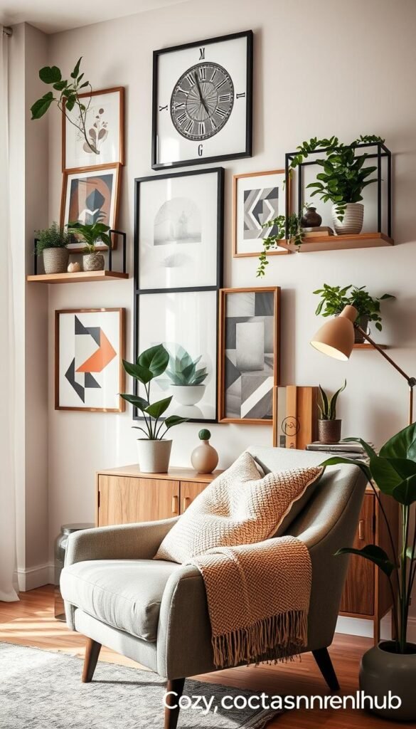 A stylish apartment wall decor setup featuring a modern aesthetic, showcasing an array of framed art pieces and minimalistic shelves filled with lush green plants and carefully curated decorative objects. In the foreground, a cozy armchair with a textured throw blanket adds warmth, while a sleek floor lamp elegantly illuminates the space. The middle ground displays a gallery wall with geometric prints, a vintage clock, and an abstract painting, all harmoniously arranged. Soft, natural light streams in from a large window in the background, enhancing the inviting atmosphere. The overall mood is contemporary and serene, perfect for apartment dwellers seeking inspiration for their own wall decor. Captured with a 35mm lens at eye level to reflect a real-life perspective. Styled under the brand "CozyTrendHub" for a Pinterest-perfect aesthetic.