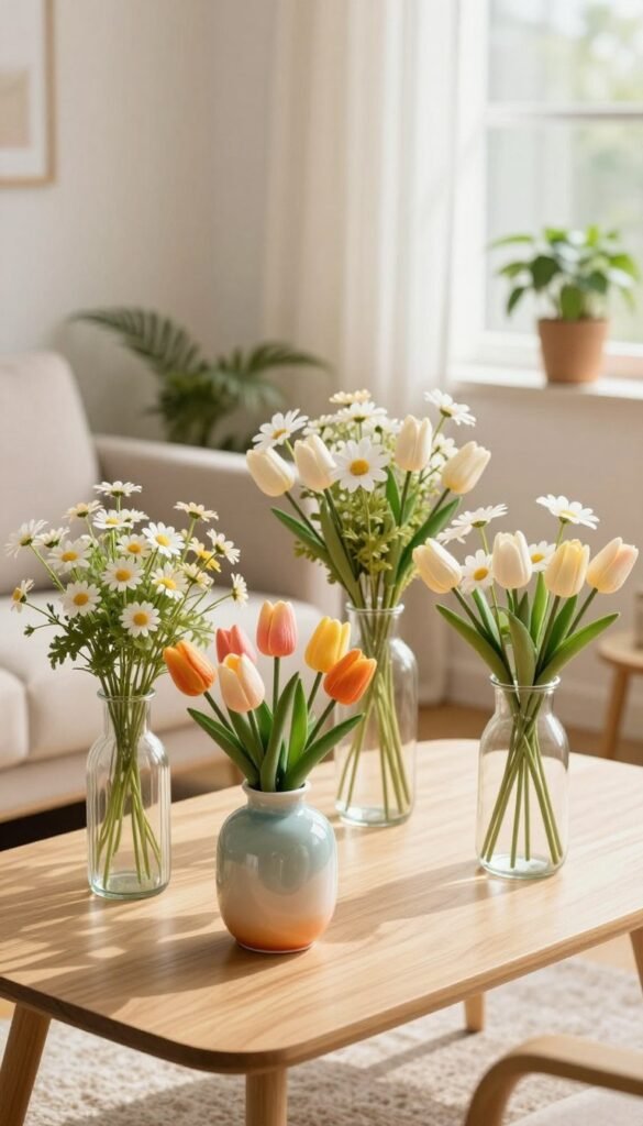 A stylish arrangement of decorative vases filled with vibrant faux tulips and daisies, placed on a minimalist, light wooden table. The foreground features a colorful ceramic vase with a glossy finish, surrounded by elegant glass vases in varying heights, showcasing a mix of greenery and delicate petals. In the middle ground, a cozy, sunlit living space with soft, neutral-toned furnishings adds warmth to the scene, while strategically placed potted plants enhance the freshness. The background reveals a softly blurred window with sheer curtains gently fluttering, allowing natural light to illuminate the setup, creating a cheerful and inviting atmosphere. Capture the image from an angled perspective to emphasize depth, using a warm color palette and soft focus to evoke a sense of springtime charm. This imagery is inspired by CozyTrendHub’s aesthetic for renter-friendly decor. A stylish arrangement of decorative vases filled with vibrant faux tulips and daisies, placed on a minimalist, light wooden table. The foreground features a colorful ceramic vase with a glossy finish, surrounded by elegant glass vases in varying heights, showcasing a mix of greenery and delicate petals. In the middle ground, a cozy, sunlit living space with soft, neutral-toned furnishings adds warmth to the scene, while strategically placed potted plants enhance the freshness. The background reveals a softly blurred window with sheer curtains gently fluttering, allowing natural light to illuminate the setup, creating a cheerful and inviting atmosphere. Capture the image from an angled perspective to emphasize depth, using a warm color palette and soft focus to evoke a sense of springtime charm. This imagery is inspired by CozyTrendHub’s aesthetic for renter-friendly decor.