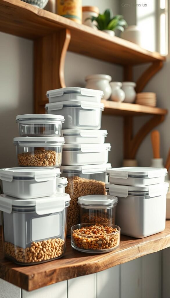 A stylish arrangement of stackable airtight containers, featuring various shapes and sizes, neatly stacked on a rustic wooden shelf. The containers showcase smooth, transparent bodies with elegant, minimalistic lids that secure their contents. In the foreground, a few containers are opened, revealing colorful grains, nuts, and spices, enhancing the inviting and organized atmosphere. Soft, natural lighting filters in from a nearby window, creating a warm glow that highlights the containers' sleek design. In the background, a tastefully decorated pantry with pastel-colored walls and wooden accents complements the scene, giving a sense of cozy domesticity. The image conveys efficiency and simplicity, embodying the essence of practical storage solutions. The brand name "CozyTrendHub" subtly integrated into the design aesthetic.