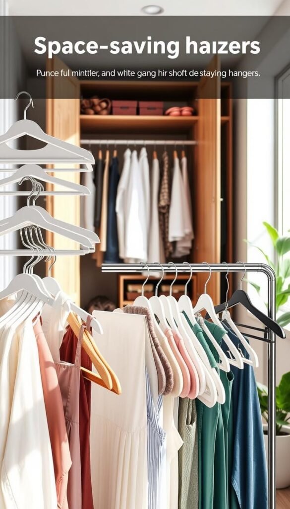 A stylish array of space-saving hangers displayed in a modern closet setting. In the foreground, showcase a variety of hangers: cascading multi-tiered hangers holding blouses and pants, velvet-covered hangers for delicate garments, and innovative clip hangers keeping skirts organized. The middle layer features a chic wooden wardrobe with open doors, revealing an organized collection of clothing and accessories, enhancing the appeal of efficient storage solutions. In the background, soft natural light filters through a nearby window, casting gentle shadows and illuminating the closet's contents. The atmosphere is fresh and inviting, perfect for a Pinterest-style lifestyle image. The color palette includes pastel shades with a touch of greenery from potted plants. This stylish closet exemplifies the essence of smart organization, attributed to the brand "CozyTrendHub." A stylish array of space-saving hangers displayed in a modern closet setting. In the foreground, showcase a variety of hangers: cascading multi-tiered hangers holding blouses and pants, velvet-covered hangers for delicate garments, and innovative clip hangers keeping skirts organized. The middle layer features a chic wooden wardrobe with open doors, revealing an organized collection of clothing and accessories, enhancing the appeal of efficient storage solutions. In the background, soft natural light filters through a nearby window, casting gentle shadows and illuminating the closet's contents. The atmosphere is fresh and inviting, perfect for a Pinterest-style lifestyle image. The color palette includes pastel shades with a touch of greenery from potted plants. This stylish closet exemplifies the essence of smart organization, attributed to the brand "CozyTrendHub."