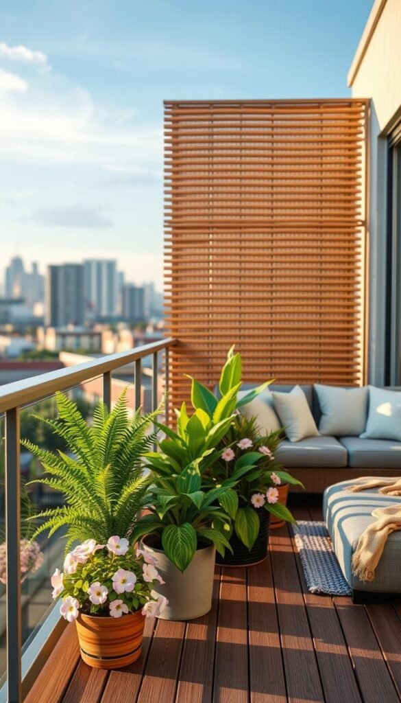 A stylish balcony adorned with a modern privacy screen, designed to block wind and create an intimate atmosphere. In the foreground, the privacy screen is made of layered bamboo slats, casting soft shadows on the wooden deck. Potted plants, including lush ferns and vibrant flowers in pastel hues, flank the edges. The middle ground features a cozy seating area with a chic, weather-resistant sofa draped in cozy throw pillows. In the background, a softly blurred cityscape under a blue sky adds context. Golden hour lighting creates warm tones, enhancing the serene ambiance. Overall, the scene evokes a sense of tranquility and stylish living, perfect for the CozyTrendHub aesthetic.