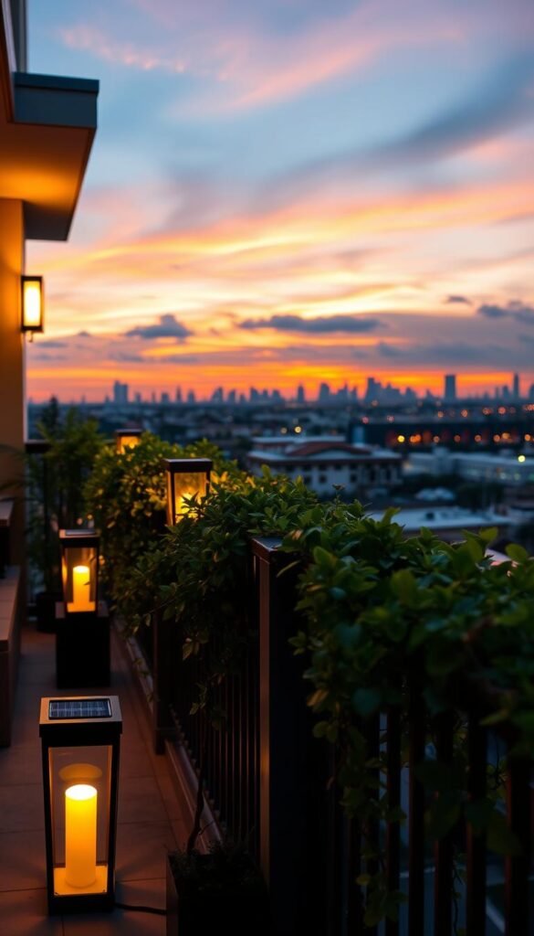 A stylish balcony adorned with solar panel lights, illuminating the space with a warm, inviting glow during twilight. In the foreground, several elegant solar lanterns with sleek, modern designs feature soft yellow lights that create a cozy atmosphere. In the middle ground, lush green plants cascade over the balcony railing, enhancing the natural aesthetic. The background showcases a distant city skyline, subtly silhouetted against a vibrant sunset sky. The scene is captured from a slightly elevated angle to emphasize the balcony design, with a focus on the interplay of light and shadows. The overall mood is serene and inviting, perfect for relaxation and gatherings, reflecting modern outdoor living by CozyTrendHub. A stylish balcony adorned with solar panel lights, illuminating the space with a warm, inviting glow during twilight. In the foreground, several elegant solar lanterns with sleek, modern designs feature soft yellow lights that create a cozy atmosphere. In the middle ground, lush green plants cascade over the balcony railing, enhancing the natural aesthetic. The background showcases a distant city skyline, subtly silhouetted against a vibrant sunset sky. The scene is captured from a slightly elevated angle to emphasize the balcony design, with a focus on the interplay of light and shadows. The overall mood is serene and inviting, perfect for relaxation and gatherings, reflecting modern outdoor living by CozyTrendHub.