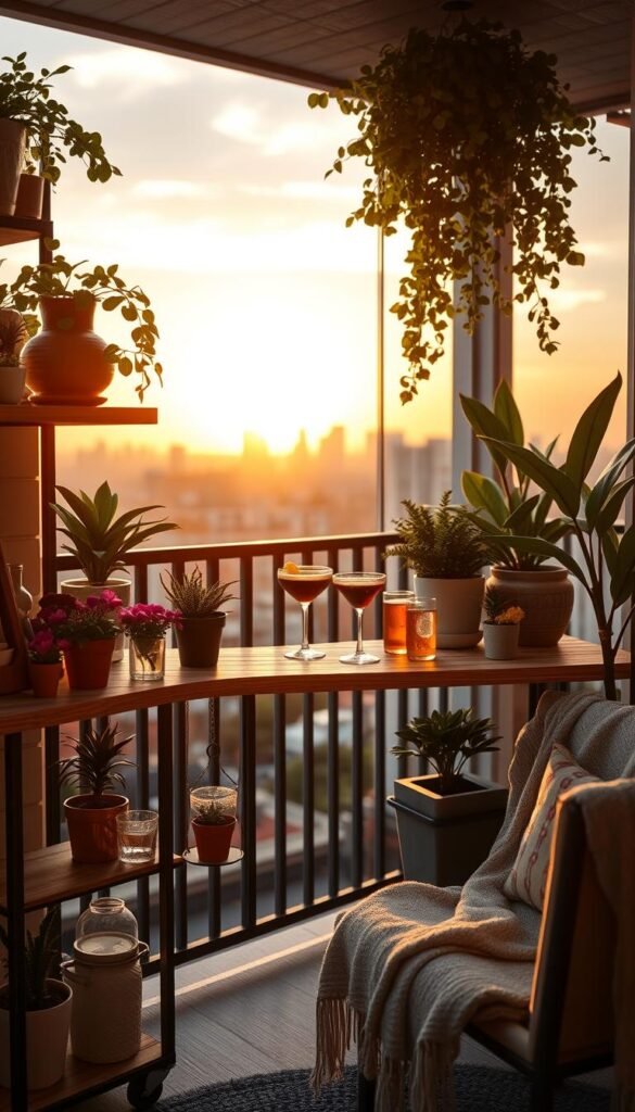A stylish balcony bar shelf, elegantly arranged with planters, decorative glasses, and a chic cocktail set, featuring a cozy atmosphere. The foreground showcases a well-organized shelf with vibrant potted plants and colorful drinks on a wooden bar top. In the middle, the balcony railing fades into a cityscape background under a soft, glowing sunset. The lighting is warm and inviting, enhancing the natural wood textures and the lush greenery of the plants. A cozy throw blanket drapes over a nearby chair, adding a touch of comfort. The overall mood is relaxed and inviting, perfect for enjoying outdoor gatherings. Design inspired by modern home decor trends. Style the image in a Pinterest-worthy aesthetic. Brand name: CozyTrendHub.