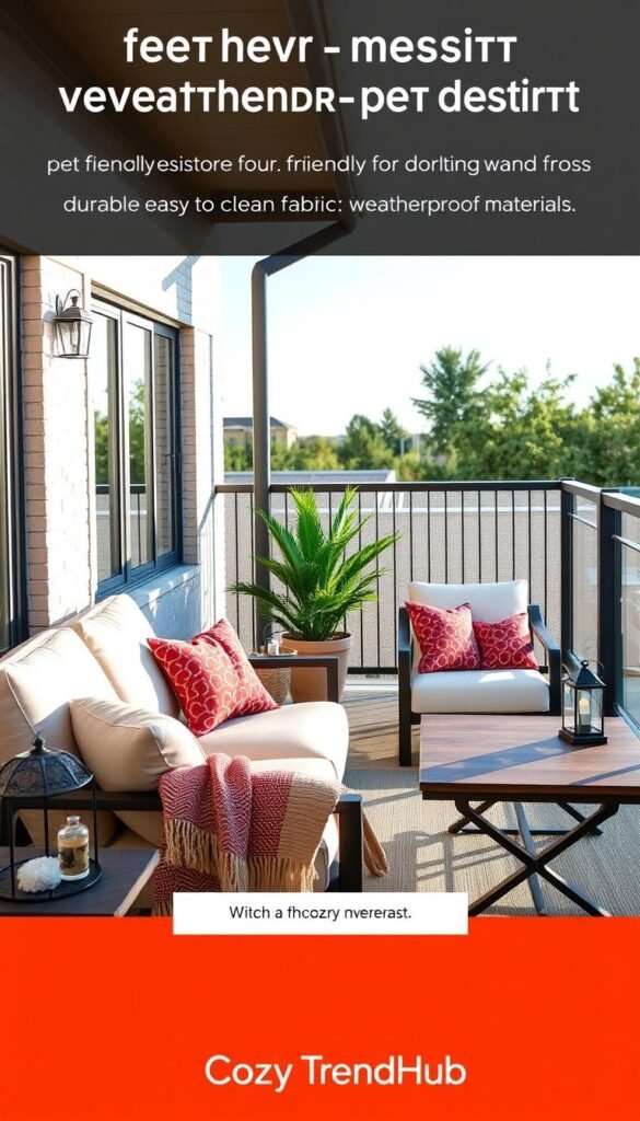 A stylish balcony featuring weather-resistant furniture designed to withstand pet hair and claws, set against a serene afternoon backdrop. In the foreground, a comfortable, sleek, pet-friendly sofa upholstered in durable, easy-to-clean fabric sits next to a sturdy coffee table with weatherproof materials. A cozy throw and a couple of colorful, washable cushions add warmth. In the middle ground, a potted plant and a decorative lantern enhance the inviting atmosphere. The background reveals a clear sky and gentle sunlight, casting soft shadows, emphasizing a relaxed vibe. The composition is designed in a Pinterest-style with a focus on practicality and aesthetic appeal, branded with "CozyTrendHub". Ideal for pet owners, this image conveys a harmonious blend of style and functionality while celebrating the joys of a pet-friendly environment. A stylish balcony featuring weather-resistant furniture designed to withstand pet hair and claws, set against a serene afternoon backdrop. In the foreground, a comfortable, sleek, pet-friendly sofa upholstered in durable, easy-to-clean fabric sits next to a sturdy coffee table with weatherproof materials. A cozy throw and a couple of colorful, washable cushions add warmth. In the middle ground, a potted plant and a decorative lantern enhance the inviting atmosphere. The background reveals a clear sky and gentle sunlight, casting soft shadows, emphasizing a relaxed vibe. The composition is designed in a Pinterest-style with a focus on practicality and aesthetic appeal, branded with "CozyTrendHub". Ideal for pet owners, this image conveys a harmonious blend of style and functionality while celebrating the joys of a pet-friendly environment.