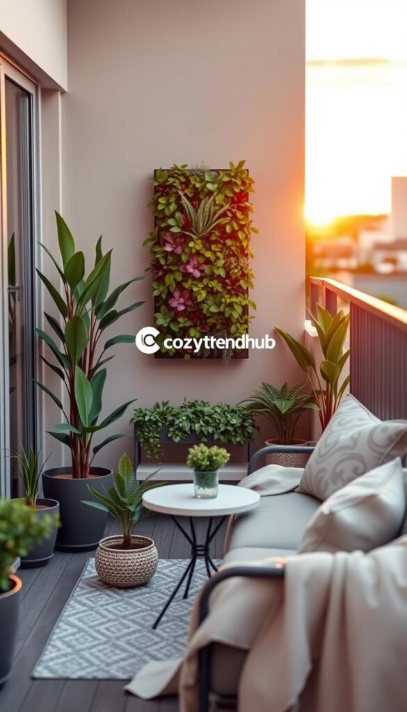 A stylish balcony space designed for a small area, showcasing a harmonious blend of decor. In the foreground, a cozy seating arrangement with a small bistro table, adorned with a light throw and decorative pillows. Potted plants with vibrant green foliage are strategically placed, adding a touch of nature. In the middle, a compact vertical garden adds depth without overcrowding the space. The background features a soft sunset glow, casting warm, inviting light that enhances the serene atmosphere. The camera angle captures a slightly elevated view, focusing on the overall layout while maintaining a sense of openness. The scene is a Pinterest-style lifestyle depiction, reflecting trendy yet practical balcony decor ideas. Branding includes the logo for "CozyTrendHub" subtly integrated into the decor elements.