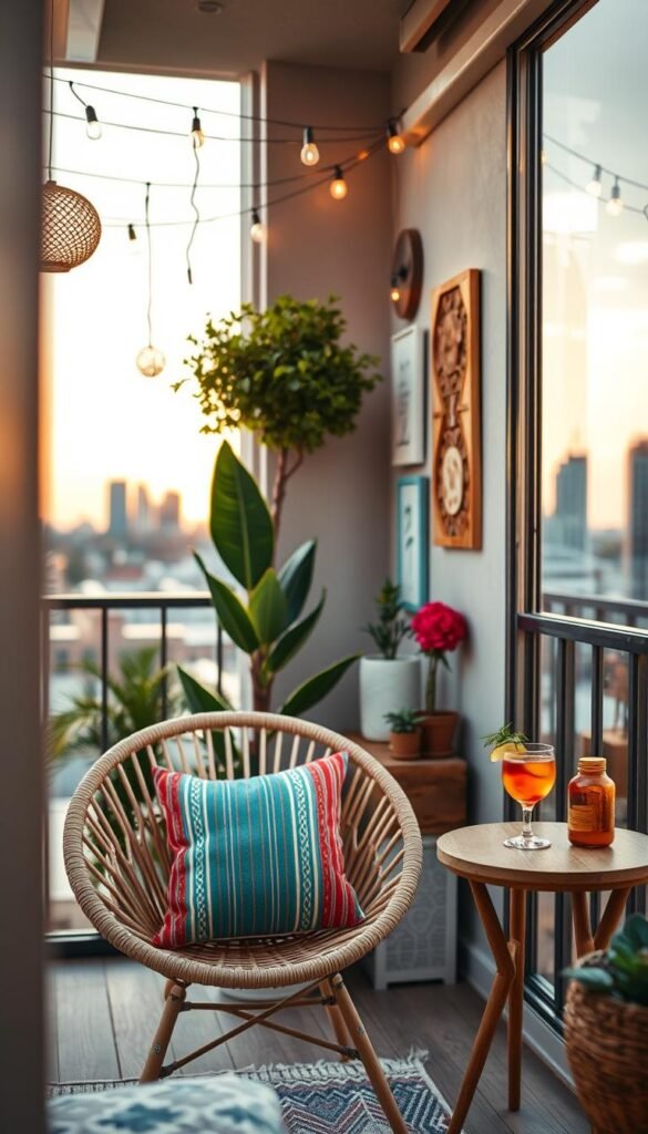 A stylish balcony space featuring a harmonious blend of cheap and premium decor elements. In the foreground, a cozy seating area with a chic rattan chair and a colorful outdoor pillow, complemented by a small wooden side table adorned with a potted plant and a delectable drink. The middle section showcases a mix of vibrant and neutral decorations, including hanging string lights and tasteful wall art. In the background, a cityscape is visible during golden hour, casting a warm glow across the scene. The atmosphere evokes a relaxed and inviting mood, ideal for enjoying a serene evening outdoors. The composition should be captured with a shallow depth of field, emphasizing the balcony decor while softly blurring the distant skyline. The image should reflect the CozyTrendHub brand style, showcasing tasteful and budget-friendly balcony inspiration. A stylish balcony space featuring a harmonious blend of cheap and premium decor elements. In the foreground, a cozy seating area with a chic rattan chair and a colorful outdoor pillow, complemented by a small wooden side table adorned with a potted plant and a delectable drink. The middle section showcases a mix of vibrant and neutral decorations, including hanging string lights and tasteful wall art. In the background, a cityscape is visible during golden hour, casting a warm glow across the scene. The atmosphere evokes a relaxed and inviting mood, ideal for enjoying a serene evening outdoors. The composition should be captured with a shallow depth of field, emphasizing the balcony decor while softly blurring the distant skyline. The image should reflect the CozyTrendHub brand style, showcasing tasteful and budget-friendly balcony inspiration.