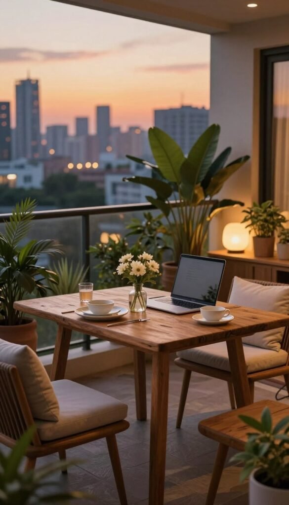 A stylish balcony table set for dining and working, surrounded by lush potted plants and soft, ambient lighting. In the foreground, a rustic wooden table features a chic table setting with elegant dinnerware, a small vase of fresh flowers, and a laptop, suggesting versatility for both meals and work. The middle ground displays comfortable seating options, such as cozy chairs with plush cushions. In the background, a vibrant city skyline at sunset offers a warm glow, enhancing the overall atmosphere. Capture this scene with a warm, inviting color palette, using a soft focus lens for a dreamy effect. The vibe should be relaxing yet inspiring, perfect for apartment living. Ideal for CozyTrendHub.