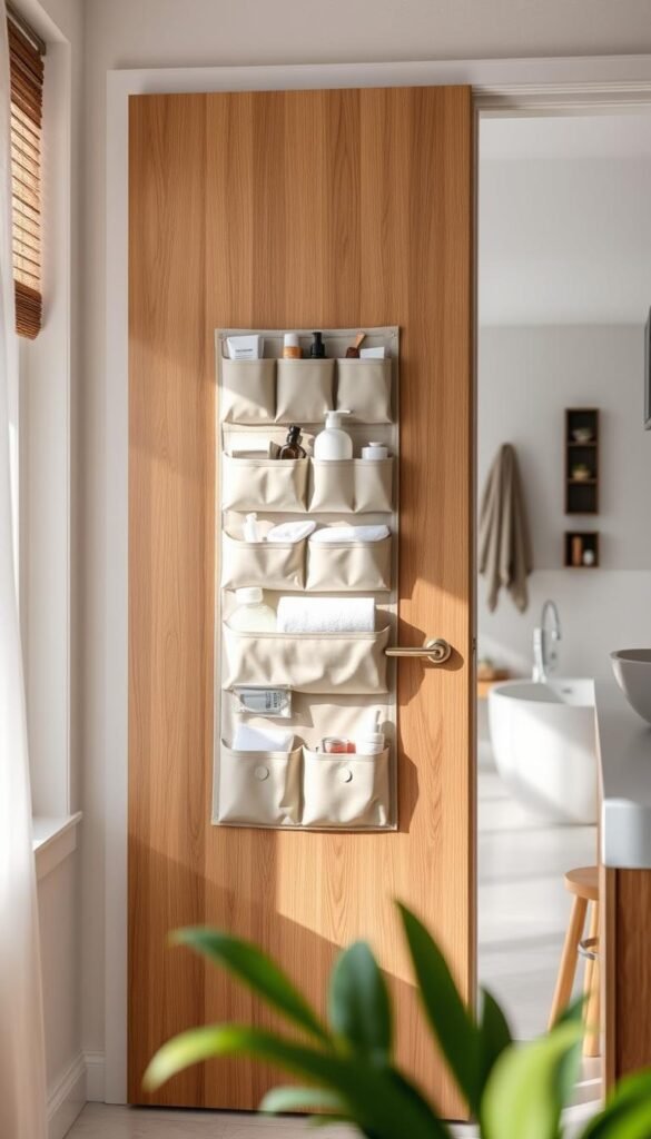 A stylish bathroom door organizer mounted on a sleek wooden door, featuring an array of neatly arranged storage pockets in soft, neutral tones. The pockets display essential bathroom items such as toiletries, towels, and beauty supplies, all organized in an inviting manner. In the foreground, soft natural light filters through a nearby window, illuminating the textures of the fabric and the wood grain. The middle ground captures the door and organizer, while in the background, a minimalist bathroom setting is visible with modern fixtures and decor, enhancing the space-saving concept. The overall mood is fresh and airy, promoting a cozy and functional living environment, reflecting the style of CozyTrendHub.