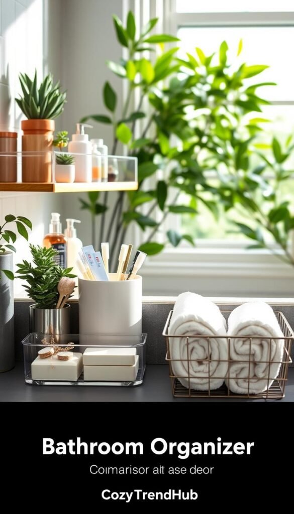 A stylish bathroom organizer comparison layout featuring four distinct organizers. In the foreground, display a sleek bamboo shelf with neatly arranged toiletries and decorative plants, beside a clear acrylic caddy showcasing vibrant bath accessories. The middle section includes a classic white ceramic container, elegantly filled with cotton swabs and bath salts, contrasted by a modern metal basket holding rolled towels. In the background, create a softly lit bathroom scene with lush greenery framed by a window, enhancing a cozy and inviting atmosphere. Use natural light to illuminate the scene, capturing the essence of home decor as seen on Pinterest. The branding "CozyTrendHub" subtly incorporated into the scene, ensuring a polished, professional aesthetic. A stylish bathroom organizer comparison layout featuring four distinct organizers. In the foreground, display a sleek bamboo shelf with neatly arranged toiletries and decorative plants, beside a clear acrylic caddy showcasing vibrant bath accessories. The middle section includes a classic white ceramic container, elegantly filled with cotton swabs and bath salts, contrasted by a modern metal basket holding rolled towels. In the background, create a softly lit bathroom scene with lush greenery framed by a window, enhancing a cozy and inviting atmosphere. Use natural light to illuminate the scene, capturing the essence of home decor as seen on Pinterest. The branding "CozyTrendHub" subtly incorporated into the scene, ensuring a polished, professional aesthetic.