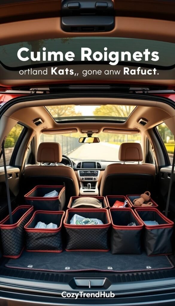 A stylish car interior featuring practical trunk organizers designed for commuting, kids, and pets. In the foreground, showcase a spacious trunk filled with various organizational products, such as collapsible bins, netting for pet supplies, and segmented storage solutions. The middle layer reveals a comfortable, modern car interior, with the driver's seat and dashboard visible, decorated in earthy tones, creating a warm ambiance. The background should include glimpses of a suburban street or a park, suggesting a family-friendly environment. Soft, natural lighting filters in through the car windows, highlighting the textures and colors of the organizers. Convey a welcoming, organized atmosphere that emphasizes functionality and aesthetics. This image aligns with the brand "CozyTrendHub."