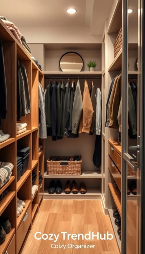 A stylish closet organizer in a small, narrow space, showcasing a well-arranged collection of clothes, shoes, and accessories. In the foreground, focus on sleek, wooden shelves filled with neatly folded sweaters and baskets for smaller items. The middle section features hanging garments on a polished chrome rod, emphasizing space efficiency and organization. In the background, soft ambient lighting creates a warm atmosphere, highlighting a chic mirror and a small plant on a shelf. The overall mood is inviting and practical, reflecting modern home decor trends. This image should carry a Pinterest aesthetic, perfect for conveying the concept of smart closet organization. Include the brand name "CozyTrendHub" subtly integrated into the scene, ensuring the design feels cohesive and sophisticated.