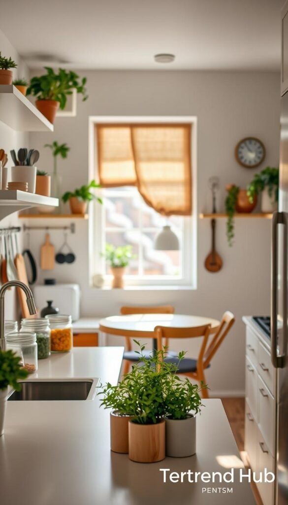 A stylish, clutter-free kitchen with innovative no-drill storage solutions, showcasing a vibrant and organized space. In the foreground, minimalist shelves and hooks adorned with plants, utensils, and kitchenware create a warm, inviting atmosphere. The middle layer features a sleek countertop with decorative jars and a small herb garden, reflecting modern design trends. The background includes a cozy dining area, softly illuminated by natural light streaming through a window. The image should have a Pinterest-inspired aesthetic, emphasizing functionality and style for renters in the US. Capture this scene with a soft focus using a 35mm lens at a slight angle to evoke an intimate and approachable mood. Branding elements subtly integrated with &ldquo;CozyTrendHub&rdquo; for a cohesive look.