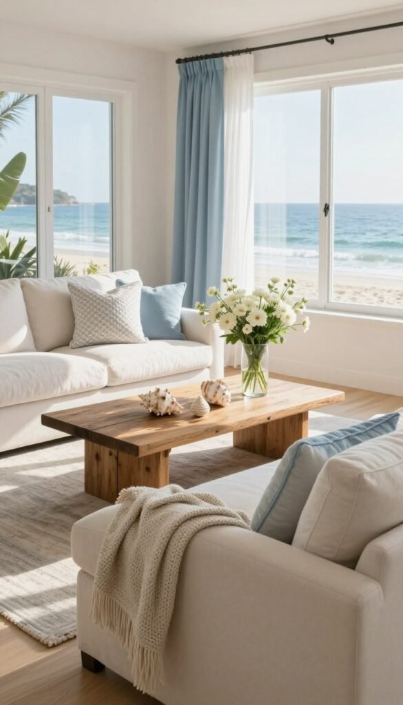 A stylish coastal living room designed for a light and airy atmosphere, showcasing a harmonious color palette of soft blues, whites, and sandy beiges. In the foreground, a cozy cream sofa adorned with textured throw pillows and a woven blanket invites relaxation. The middle ground features a rustic wooden coffee table topped with seashell decor and a glass vase filled with fresh white flowers. Bright, large windows in the background allow natural sunlight to filter in, illuminating the light-colored wooden floors and sheer curtains that flutter gently in the breeze. The overall mood is serene and refreshing, evoking the essence of seaside living without overt beach themes. Capture this beautiful scene with soft, natural lighting at eye level, highlighting the elegant yet casual vibe of the space. Perfect for showcasing on CozyTrendHub. A stylish coastal living room designed for a light and airy atmosphere, showcasing a harmonious color palette of soft blues, whites, and sandy beiges. In the foreground, a cozy cream sofa adorned with textured throw pillows and a woven blanket invites relaxation. The middle ground features a rustic wooden coffee table topped with seashell decor and a glass vase filled with fresh white flowers. Bright, large windows in the background allow natural sunlight to filter in, illuminating the light-colored wooden floors and sheer curtains that flutter gently in the breeze. The overall mood is serene and refreshing, evoking the essence of seaside living without overt beach themes. Capture this beautiful scene with soft, natural lighting at eye level, highlighting the elegant yet casual vibe of the space. Perfect for showcasing on CozyTrendHub.
